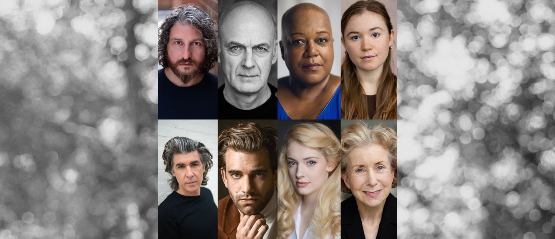 A collection of eight headshots arranged in a grid of the cast of Uncle Vanya. On the top row from left to right is displayed: David Ahmad, William Chubb, Juliet Garricks , and Madeleine Gray. On the bottom row from left to right is displayed: James Lance, Andrew Richardson, Lily Sacofsky, and Susan Tracy.